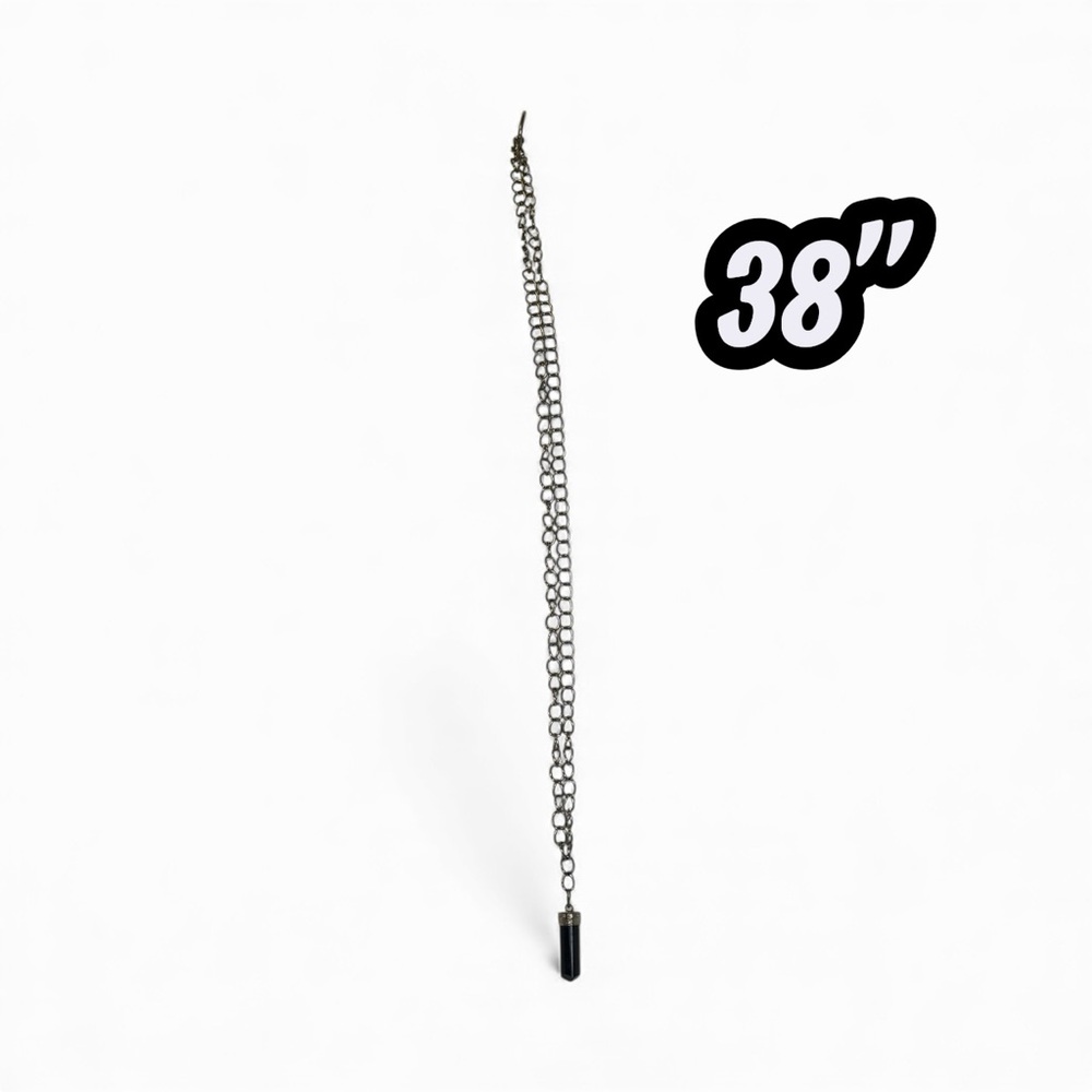 Long Black Faux Stone Pendant Necklace – 38” Chain, Minimalist Style